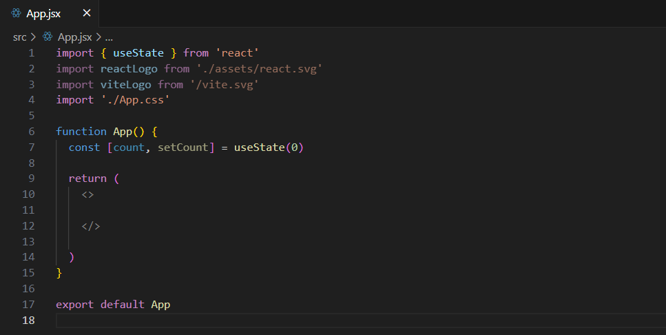 Screenshot of code editor for App.jsx file after removing placeholder content